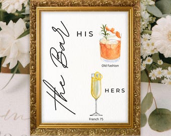 Bar Menu Cocktail Wedding Sign, Signature Drinks menu, Wedding bar sign, His and Hers Drinks Cockails, signature cocktail bar menu digital
