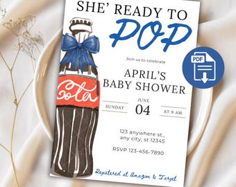 She's Ready To Pop babyshower uitnodiging frisdrank pop uitnodiging cola babyshower klaar om cola genderneutraal babyjongen rood schattig zoet