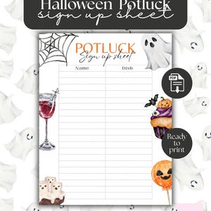 Może przedstawiać: Arkusz rejestracji na Halloweenowy poczęstunek z napisem "Halloween Potluck sign up sheet". Arkusz zawiera pajęczynę, duchy i ilustracje halloweenowych smakołyków. Widoczne są słowa "Name" i "Dish".