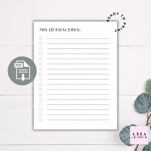 Könnte beinhalten: Druckbare To-Do-Liste mit dem Titel "Mis Quehaceres" in schwarzem Text. Die Liste enthält Kontrollkästchen und Zeilen zum Schreiben von Aufgaben.