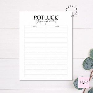 Może przedstawiać: Drukowana lista zapisów na potluck z tytułem "Potluck Sign Up Sheet" i kolumnami dla "Name" i "Dish".