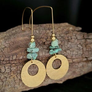 Raw Brass Hammered Circle Earrings. African Turquoise Long Earrings. Bohemian Earrings