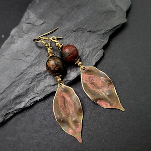 Organic Patina, Abstract Earrings Raw Brass Patina Verdigris Leaf Earrings, Picasso Jasper Stone Earrings Boho Earrings Artisan Earrings