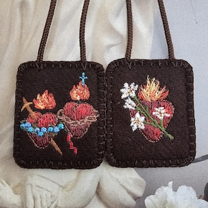 Embroidered Brown Scapular*100% Woven Wool*Jesus and Mary Twin  Hearts with Chaste St Joseph*Catholic  Carmelite Devotion-18&quot; Cord Straps