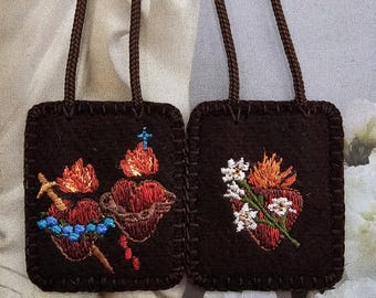 Embroidered Woven Wool Brown Scapular: Jesus, Mary, and St. Joseph - 18" Cord
