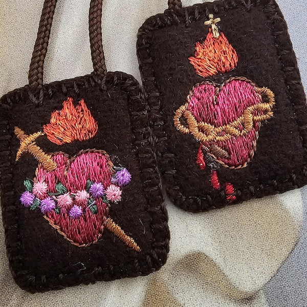Petite Embroidered Wool Scapular: Jesus Sacred Heart, Mary's Immaculate Heart, Short 14" Cord, Rose
