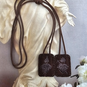 Mini Embroidered Brown Scapular*100% Woven Wool*Sacred Heart Jesus*Immaculate Mary*Traditional Catholic*22&quot;Brown Cord Straps*Monochromatic