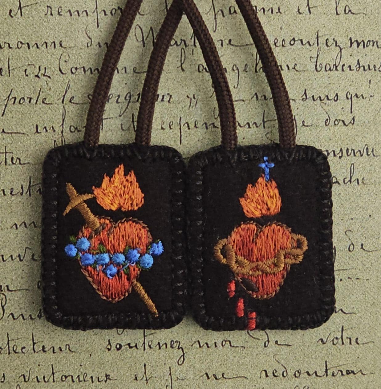 Mini Embroidered Brown Scapular*100% Woven Wool*Sacred Heart Jesus*Immaculate Mary*Traditional Catholic*14"Brown Cord Straps*Peach