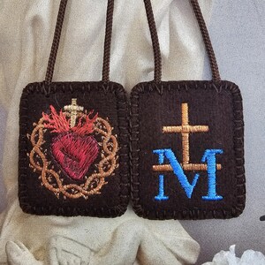 Embroidered Brown Scapular*100% Woven Wool*Sacred Heart Jesus with Marian Cross*18&quot; Cord Straps*Traditional Carmelite Catholic Devotion