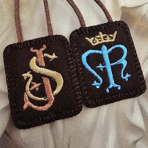 Embroidered Brown Scapular*100% Woven Wool*Queen Virgin Mary*Saint Joseph Symbols*Monograms*Carmelite*Catholic Devotion*18&quot;Brown Cording