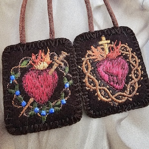 Embroidered Brown Scapular*100% Woven Wool*Sacred Heart Jesus and Immaculate Heart of Mary*18&quot; Cord Straps*Traditional Marian Devotion