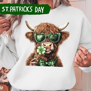 Highland Cow St Patrick&#39;s Day Sweatshirt, Retro Coquette St Patricks Shirt, Shamrock Sweatshirt, Western St Patricks Shirt, Irish Shirt