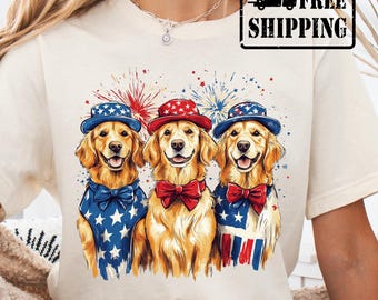 Patriotic Golden Retriever Dog Tee: Retro 4th of July USA Shirt