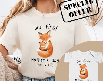 Gepersonaliseerde moeder- en babyshirt vos: bijpassende set voor Moederdag