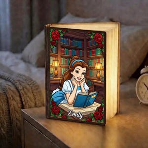 Personalized  Belle Beauty And The Beast Wooden Book Lamp, Custom Name Princess Reading in Library Night Light, Fairy Tale Book Lover Lamp.