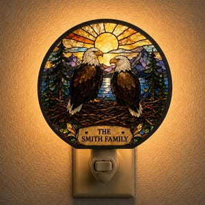 Bald Eagle Family Night Light, Personalized Custom Name Plug In Stained Glass Suncatcher, Mountain Sunset Wall Decor, Family Gift