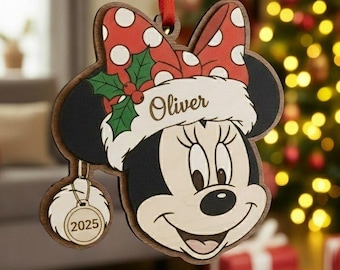 Custom Minnie Mouse Christmas Ornament, Personalized Minnie Head Ornament with Name, Minnie Holiday Tree Decoration Gift, Xmas Gift For Kids