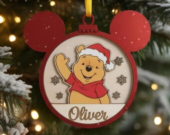 Personalized Pooh Bear Christmas 2 Layer Wooden Ornament, Custom Winnie The Pooh Ornament, Disney Pooh Ornament, Disney Christmas Decor