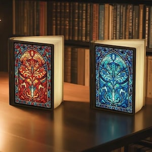 May include: Two open book-shaped lamps with stained glass designs. One lamp features a red and orange design, the other a blue and teal design. The lamps are on a wooden surface in front of a bookshelf.