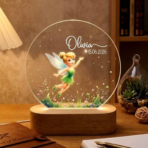 Personalized Tinkerbell Baby Acrylic Night Light, Disney Fairy Night Light, Tinkerbell Fairy Baby LED Night Lamp, Custom Name & Date Decor
