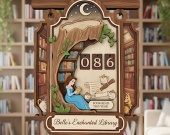Personalized Disney Books Read Counter, Custom Belle Princess Book Tracker Sign, Belle's Bookshelf Decor, Beauty & The Beast Bookish Gift