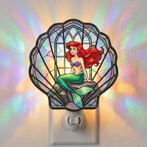 Disney Ariel Mermaid Night Light, Seashell Wood & Acrylic Suncatcher Light, Ariel Princess Night Light Plug In, Disney Mermaid Room Decor