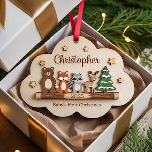 Personalized Baby’s First Christmas Ornament 2025, Custom Woodland Animal Ornament, Newborn Keepsake Gift for Baby Boy or Girl