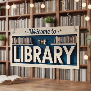 Puede incluir: Un letrero de madera con el texto "Welcome to THE LIBRARY" cuelga frente a una estantería. El letrero tiene un fondo azul y un marco de madera clara. Se representan pequeñas estanterías con libros.