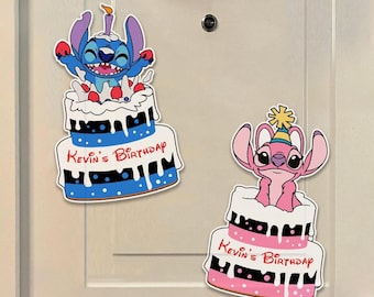 Imán de cumpleaños personalizado de Stitch y ángel, decoración de cumpleaños de Disney, imán de pastel de cumpleaños de Disney, imán para puerta de crucero, imán para viaje de cumpleaños