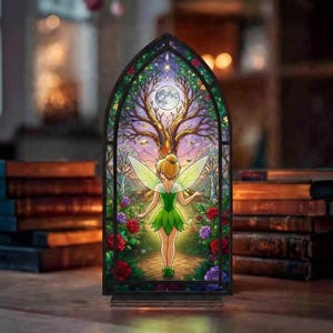May include: A stained glass-style night light featuring a fairy in a green dress with outstretched arms, standing on a path. The background includes a tree, moon, and flowers. The frame is black, and the light is on.