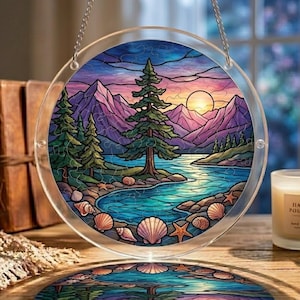 Rompecabezas Atrapasueños Lago de Montaña Atardecer, Kit DIY Bosque Costero Acrílico, Adorno de Ventana Conchas Marinas y Pinos, Amante de la Naturaleza, Decoración para el Hogar