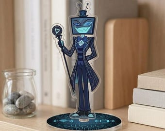 Hazbin Hotel Vox Acrylic Spinning Standee, TV Head Demon Figure with Circuit Board Base & Staff, Character Merchandise
