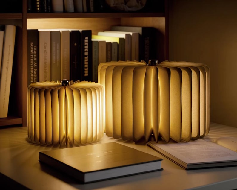 May include: Two illuminated, accordion-style lamps with a warm glow sit on a table. The lamps are made of paper and have a circular shape. A closed book and an open book are in the foreground, with a bookshelf in the background.