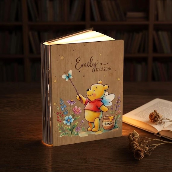 Personalized Disney Pooh Book Lamp, Custom Name Wood Book Lamp Personalized Disney Pooh Book Lamp, Custom Name Wood Book Lamp