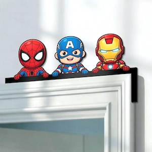 Superhero Door Corner Sign, Chibi Spiderman Captain America Iron Man Door Topper, Peeking Comic Character Frame Decor, Boys Room Sign
