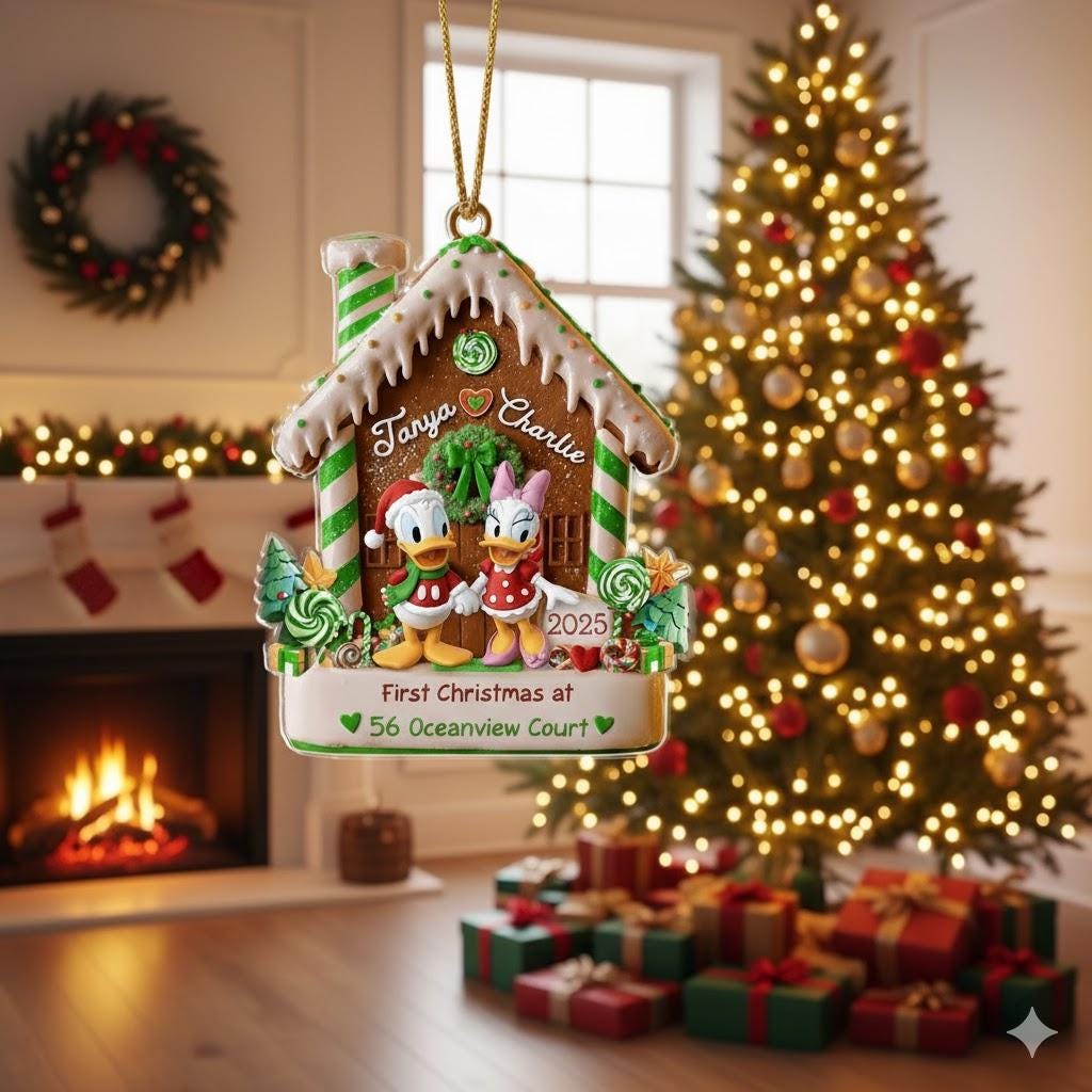 Donald Daisy New Home Christmas Ornament, Disney Gingerbread House