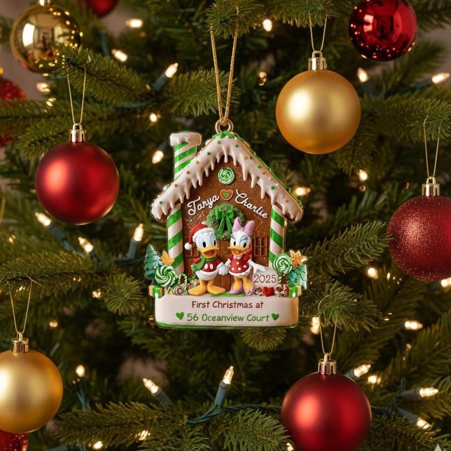 Donald Daisy New Home Christmas Ornament, Disney Gingerbread House