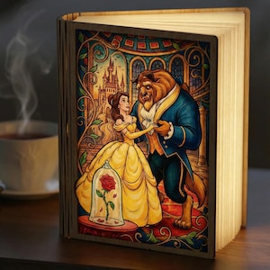 Lámpara de lectura de La Bella y la Bestia, lámpara de lectura plegable de madera de pareja Disney, lámpara de lectura de la Princesa Bella Encantada, luz de noche Disney