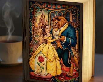 Beauty And The Beast Book Lamp, Disney Couple Wood Folding Book Lamp, Enchanted Belle Princess Reading Lamp, Disney Night Light