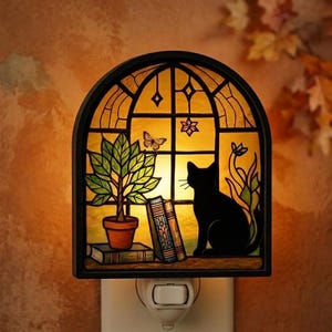 Black Cat And Book Suncatcher Night Light,Fall Black Cat Plug In Lamp, Book Lover Gift, Bookish Decor, Librarian Gift, Reading Gift