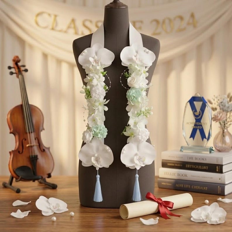 Handmade Floral Graduation Stole, Ribbon & Fabric Flower Lei, Custom ...