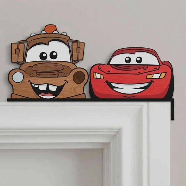 Disney Cars Door Corner Sign, Lightning Mcqueen Tow Mater Peekaboo Wooden Door Topper, Disney Home Decor, Kid Room Decor, Disney Gift