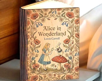 Alice in Wonderland Book Lamp,White Rabbit Mushroom & Playing Cards Lamp,  Lewis Carroll Wooden LED Night Light, Wonderland Lamp
