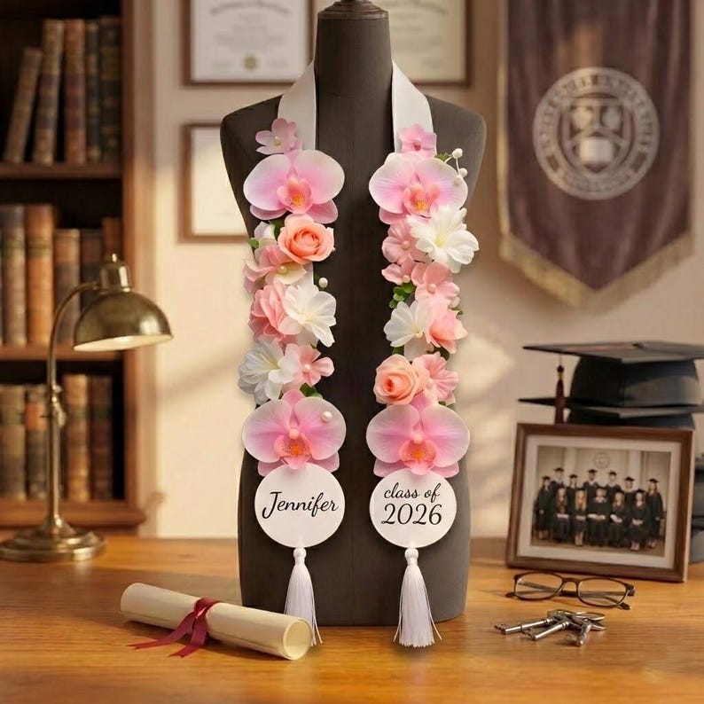 Handmade Floral Graduation Stole, Ribbon & Fabric Flower Lei, Custom ...