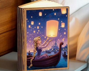 Tangled Rapunzel Book Lamp, Disney Princess Wood Folding Book Lamp, Rapunzel Princess Reading Lamp, Disney Tangled Lantern Festival Decor