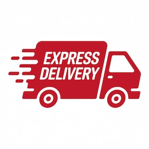 May include: A red delivery truck graphic with the words "EXPRESS DELIVERY" in white text. The truck has two wheels and speed lines, indicating fast shipping.