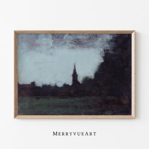 May include: A framed painting depicting a dark, misty landscape with a tall church steeple in the distance. The sky is a pale blue with hints of grey and the foreground is a dark green.