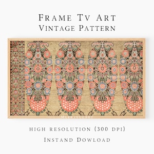 May include: A framed vintage pattern print with the text "Frame TV Art Vintage Pattern." The artwork features a repeating floral design in shades of peach, blue, and green on a beige background. The print is labeled "High Resolution (300 DPI)" and "Instant Download."