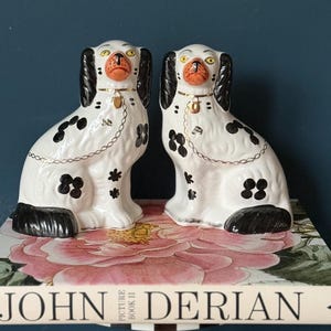 Pode incluir: Duas figuras de cão em cerâmica branca com orelhas pretas, manchas pretas e faces cor de laranja. Cada cão apresenta uma coleira e uma corrente pintadas a ouro. As figuras estão colocadas sobre um livro com o texto JOHN DERIAN PICTURE BOOK II.