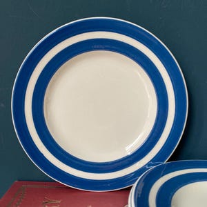 Può includere: Set di quattro piatti da dessert in ceramica a strisce blu e bianche. I piatti hanno un design semplice con due strisce blu intorno al bordo.